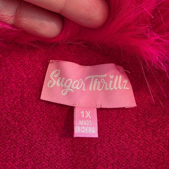 Dolls Kill Sugar Thrillz Marabou Fur Trim Cardigan Sweater Deep Scoop Neck 1X - Picture 8 of 11